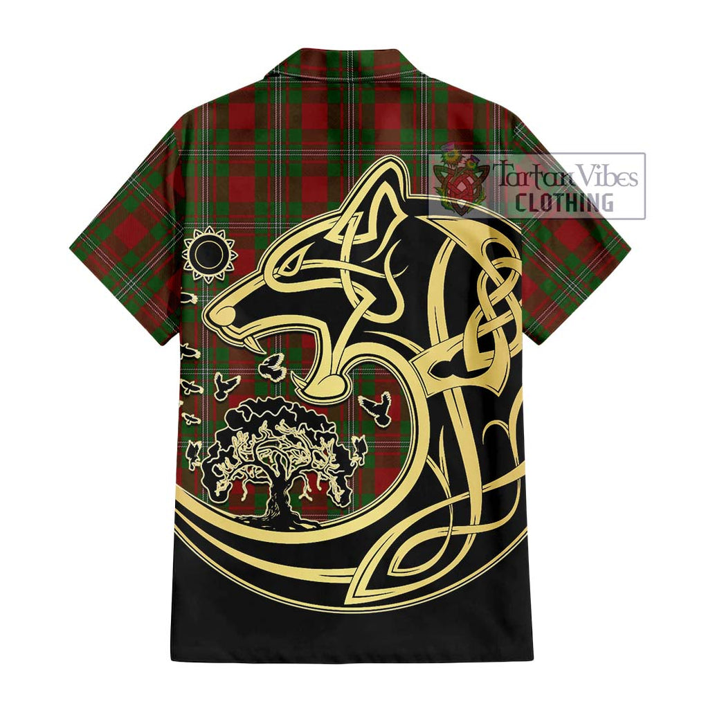 Strang Tartan Short Sleeve Button Shirt with Family Crest Celtic Wolf Style - Tartan Vibes Clothing