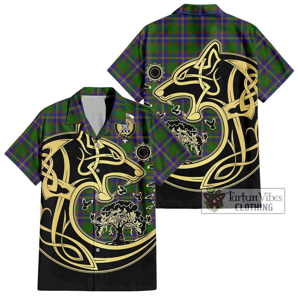 Strang of Balkaskie Tartan Short Sleeve Button Shirt with Family Crest Celtic Wolf Style Kid - Tartan Vibes Clothing