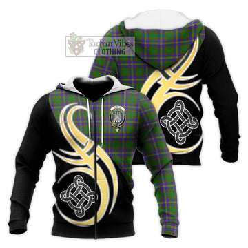 Strang of Balkaskie Tartan Knitted Hoodie with Family Crest and Celtic Symbol Style