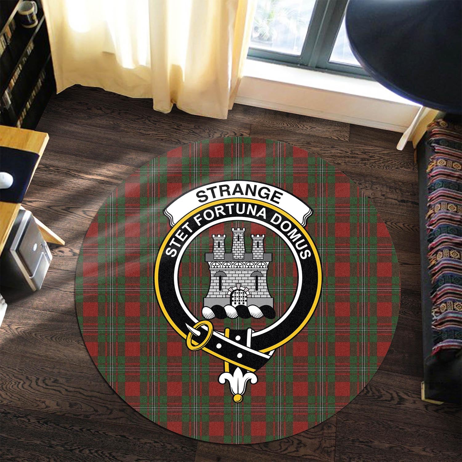 strange-tartan-round-rug-with-family-crest