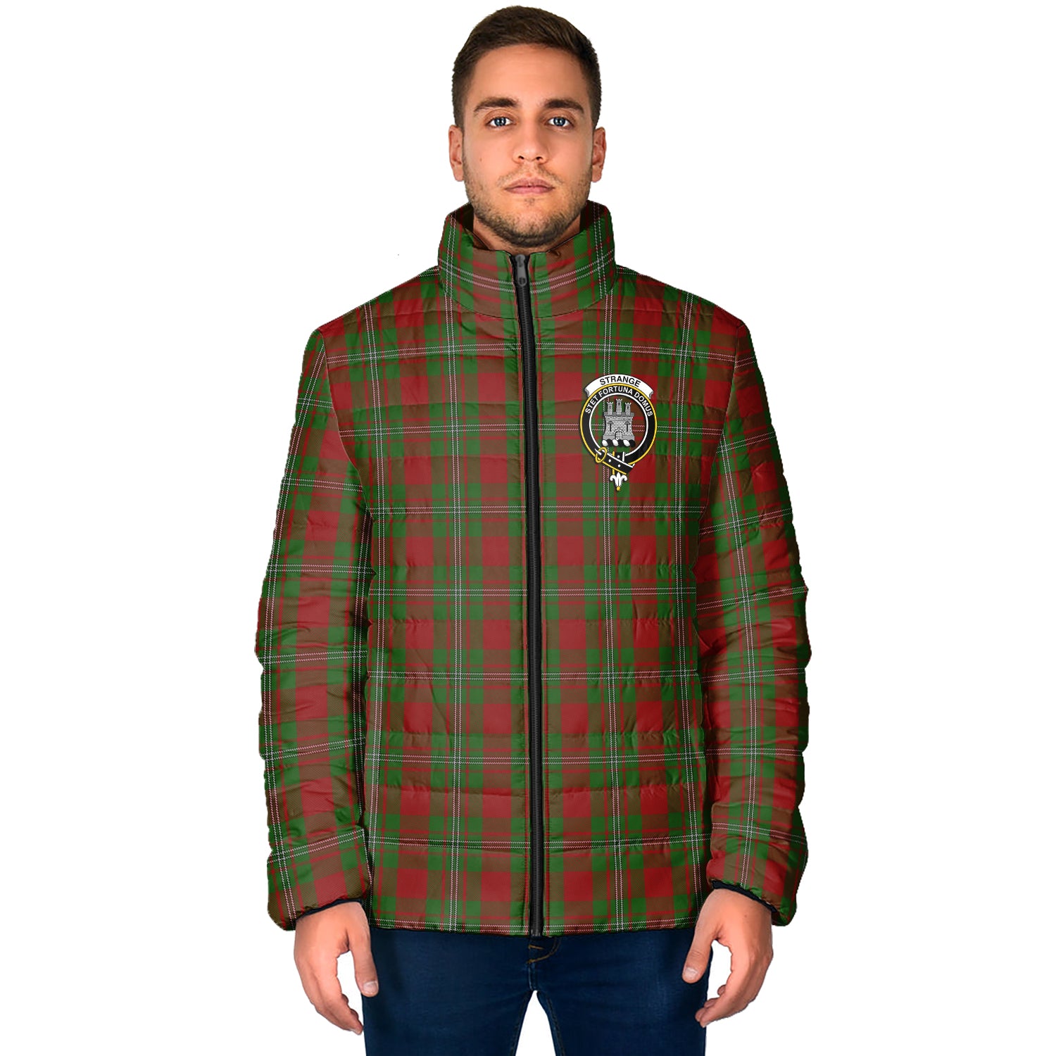 Strange (Strang) Tartan Padded Jacket with Family Crest - Tartan Vibes Clothing