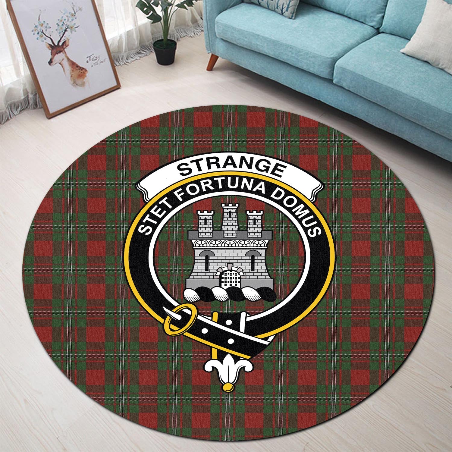 strange-tartan-round-rug-with-family-crest