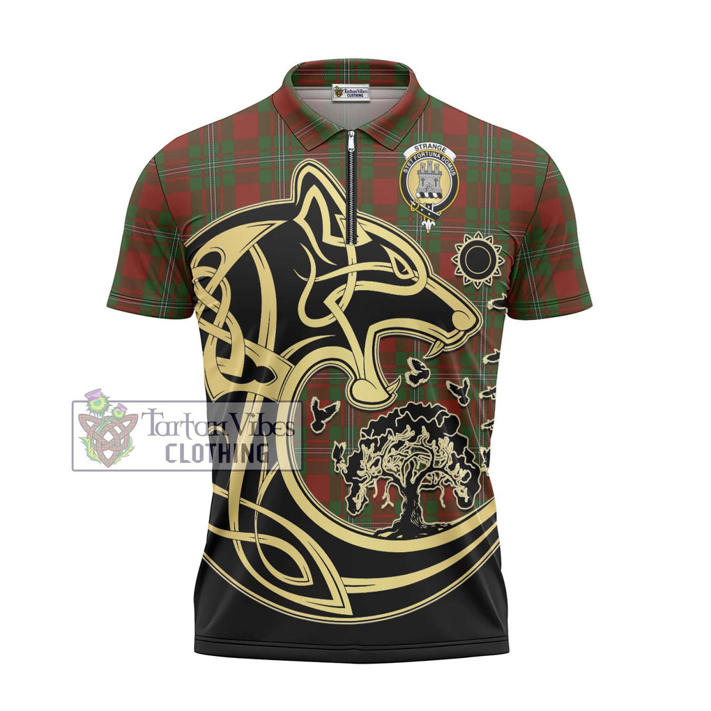 Strange (Strang) Tartan Zipper Polo Shirt with Family Crest Celtic Wolf Style - Tartanvibesclothing Shop