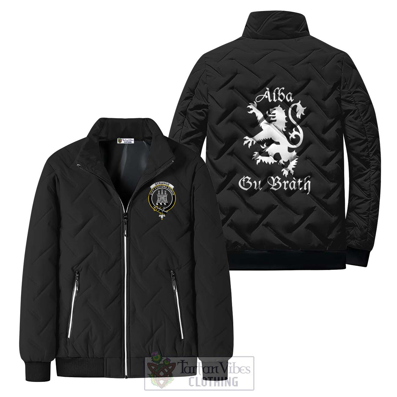 Tartan Vibes Clothing Strange Family Crest Padded Cotton Jacket Lion Rampant Alba Gu Brath Style