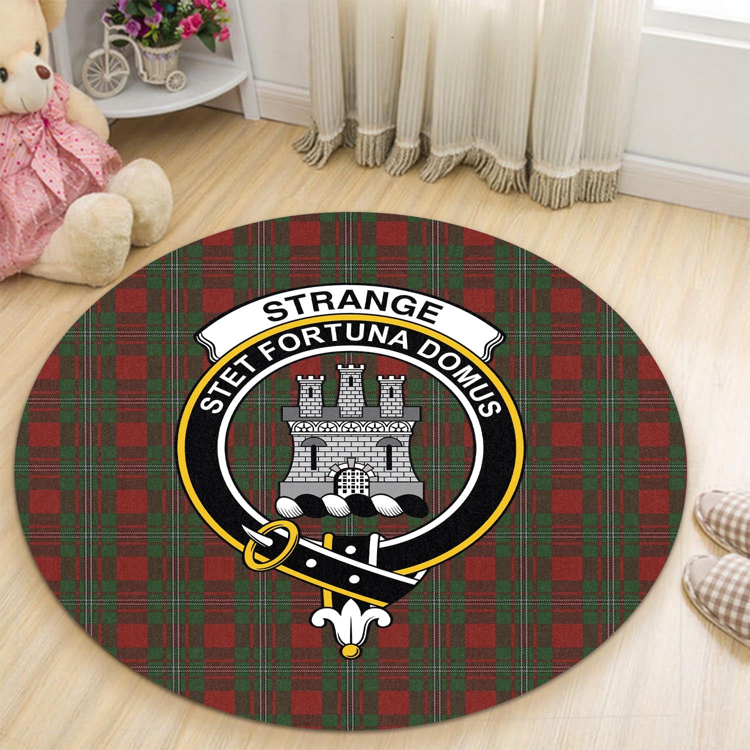 strange-tartan-round-rug-with-family-crest