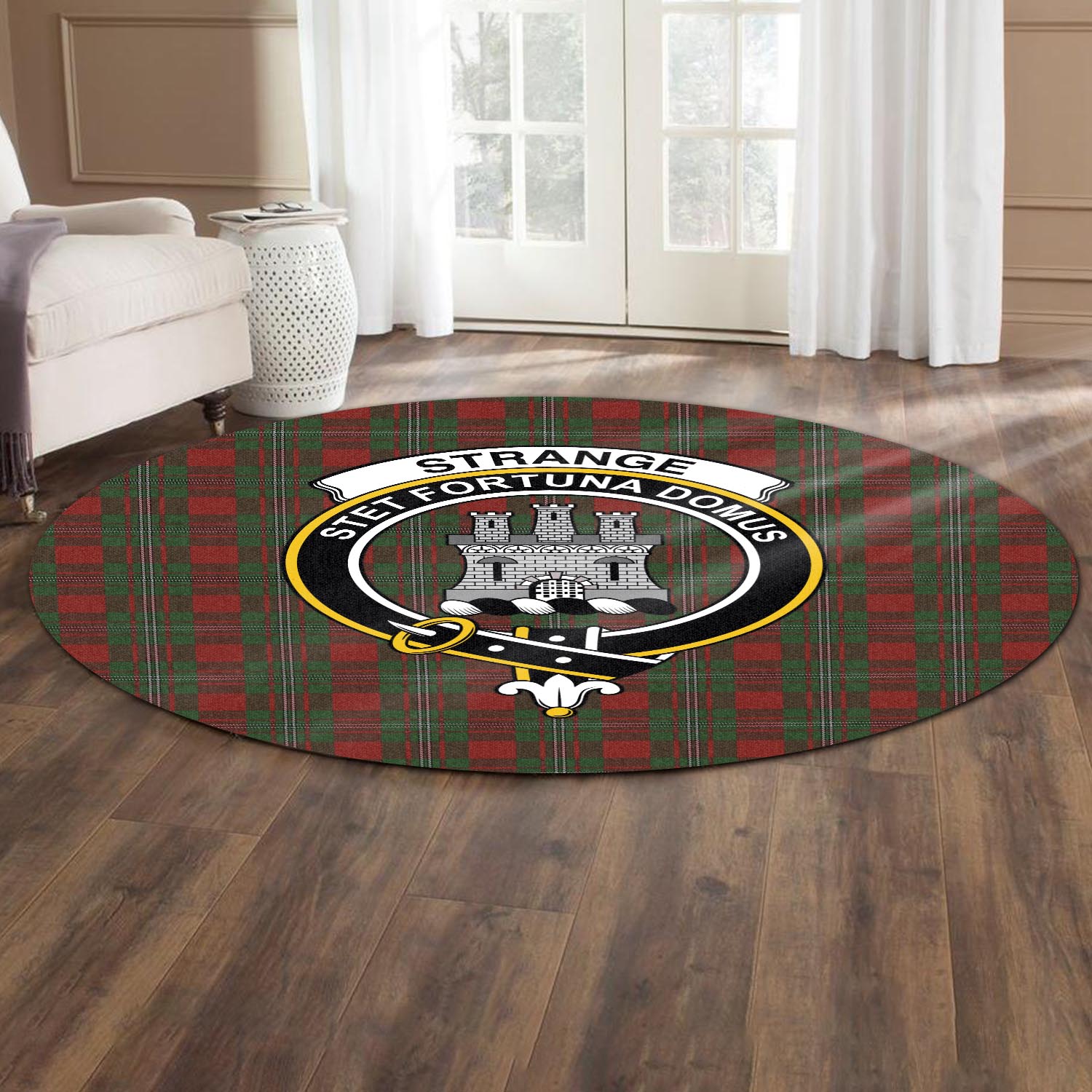 strange-tartan-round-rug-with-family-crest