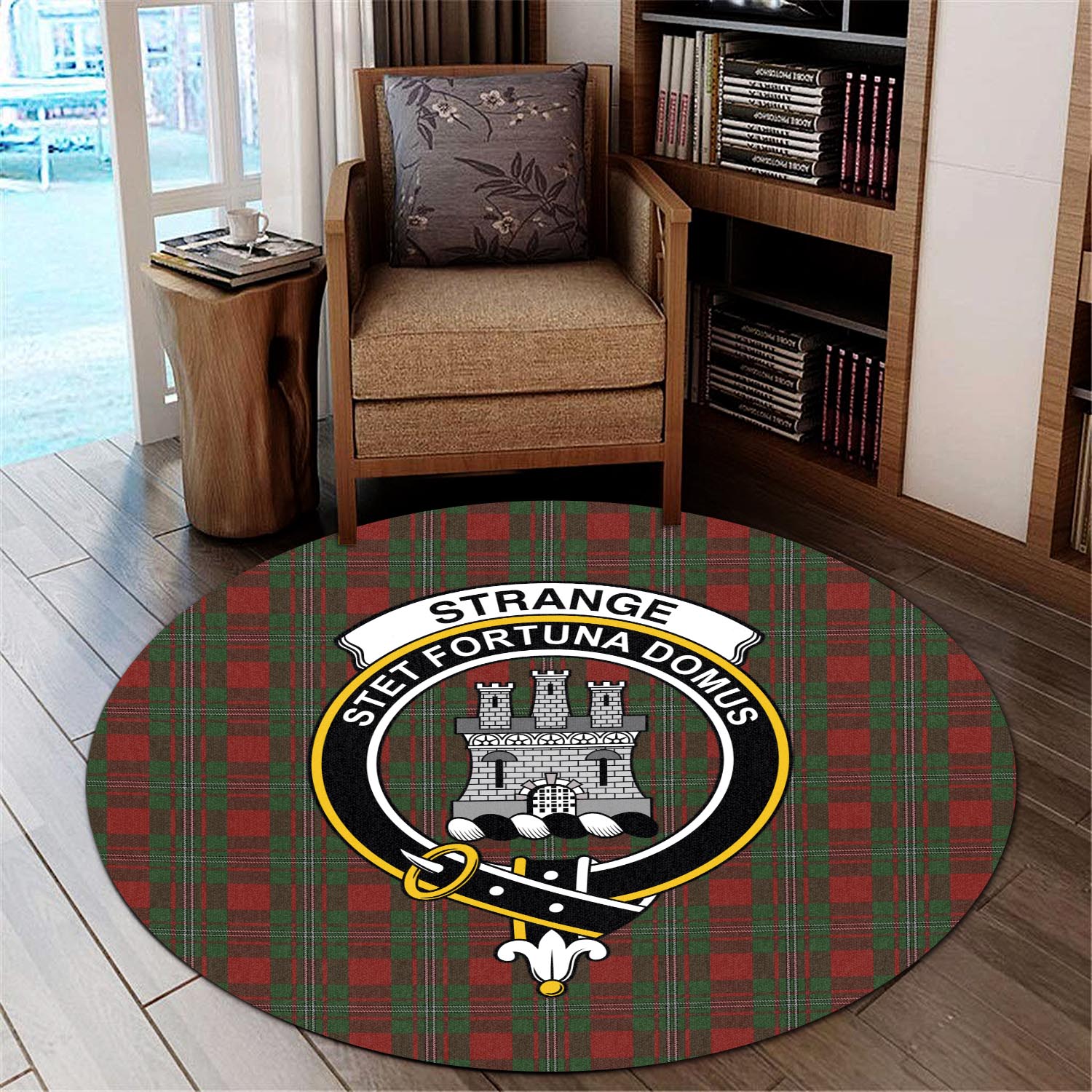 strange-tartan-round-rug-with-family-crest