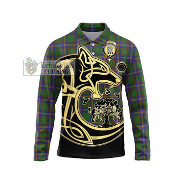 Strange of Balkaskie Tartan Long Sleeve Polo Shirt with Family Crest Celtic Wolf Style