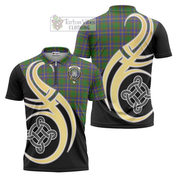 Strange of Balkaskie Tartan Zipper Polo Shirt with Family Crest and Celtic Symbol Style