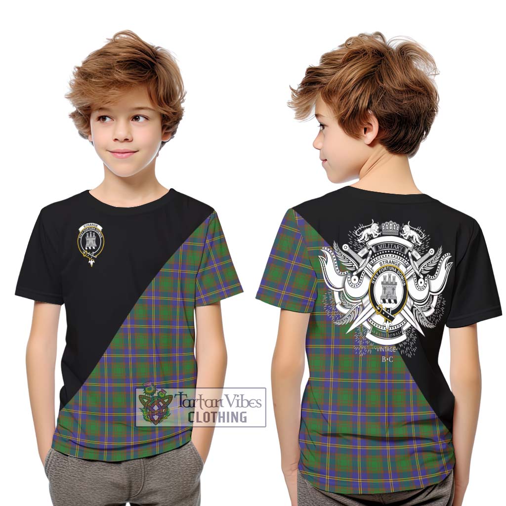 Tartan Vibes Clothing Strange of Balkaskie Tartan Kid T-Shirt with Family Crest and Military Logo Style