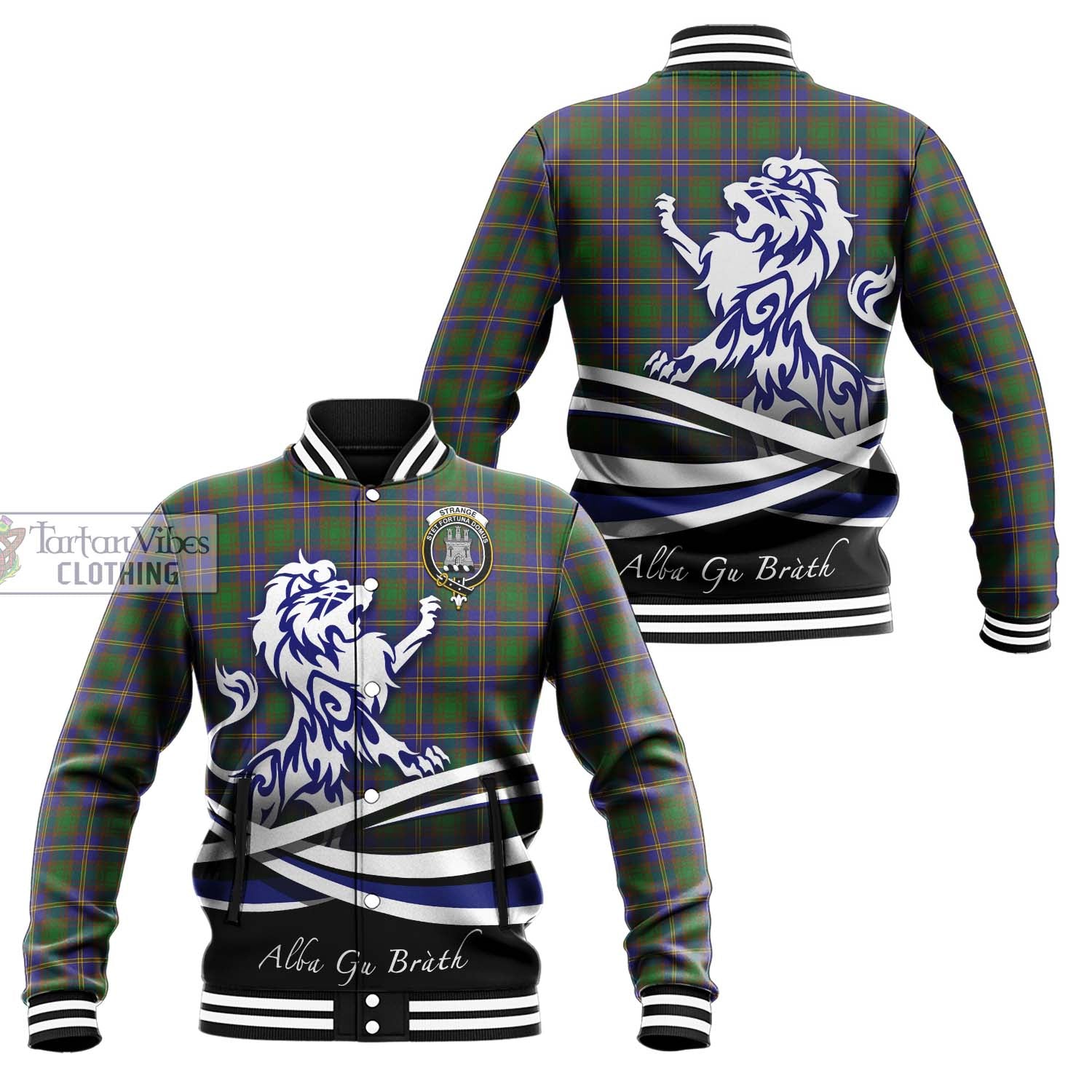 Tartan Vibes Clothing Strange of Balkaskie Tartan Baseball Jacket with Alba Gu Brath Regal Lion Emblem