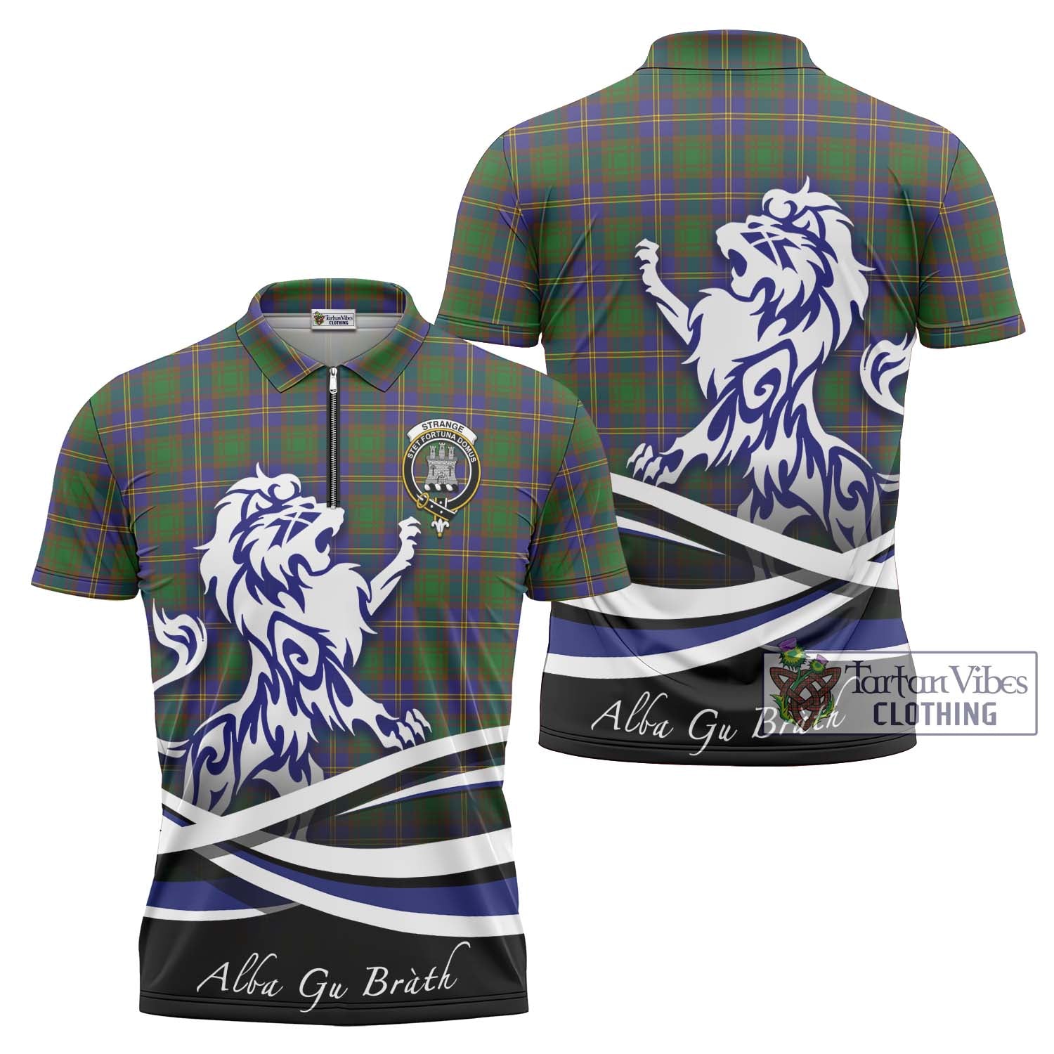 Tartan Vibes Clothing Strange of Balkaskie Tartan Zipper Polo Shirt with Alba Gu Brath Regal Lion Emblem