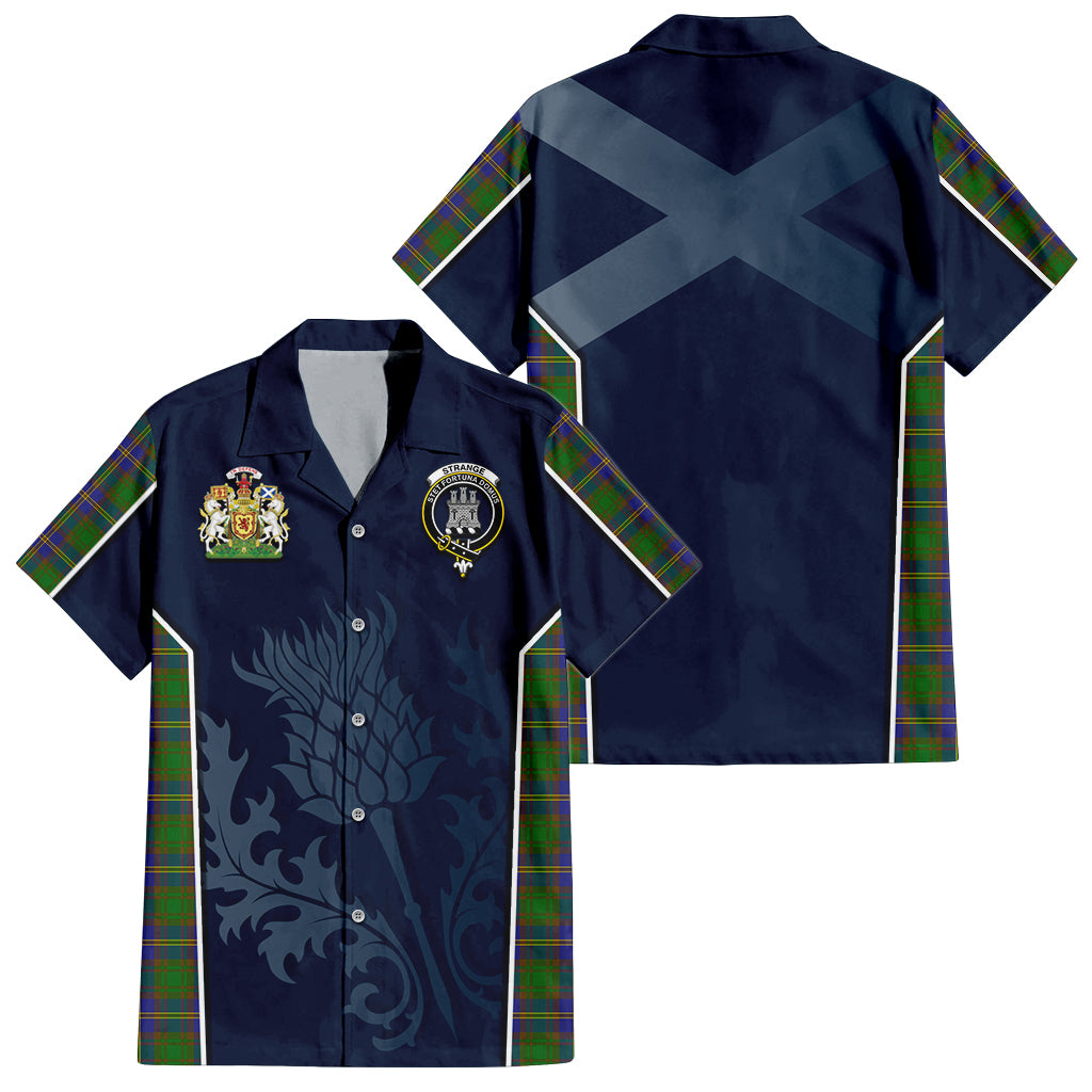 Tartan Vibes Clothing Strange of Balkaskie Tartan Short Sleeve Button Up Shirt with Family Crest and Scottish Thistle Vibes Sport Style