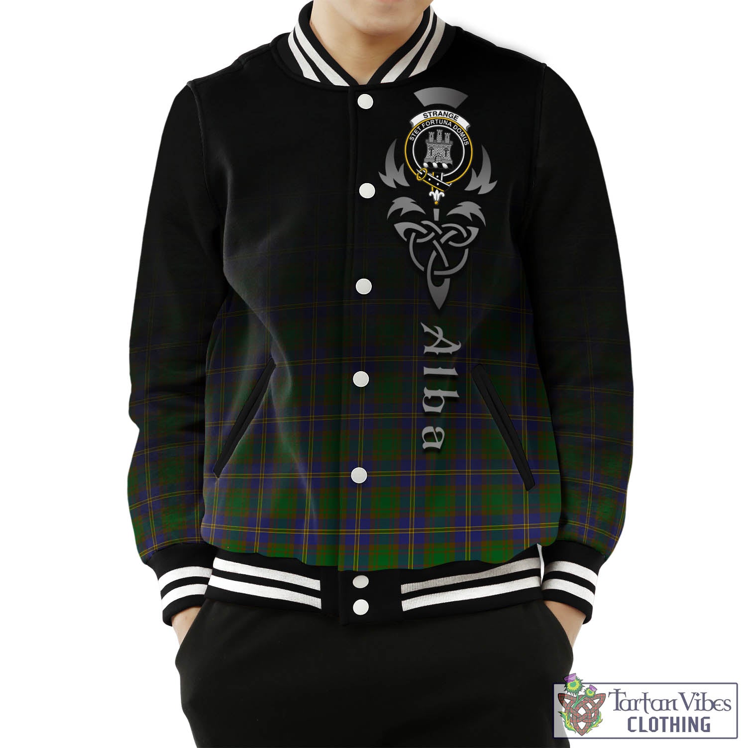 Tartan Vibes Clothing Strange of Balkaskie Tartan Baseball Jacket Featuring Alba Gu Brath Family Crest Celtic Inspired