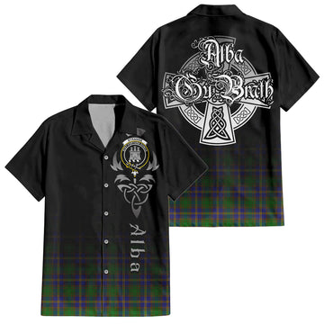 Strange of Balkaskie Tartan Short Sleeve Button Up Shirt Featuring Alba Gu Brath Family Crest Celtic Inspired