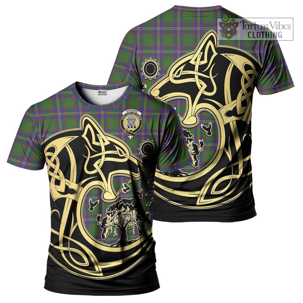 Tartan Vibes Clothing Strange of Balkaskie Tartan T-Shirt with Family Crest Celtic Wolf Style