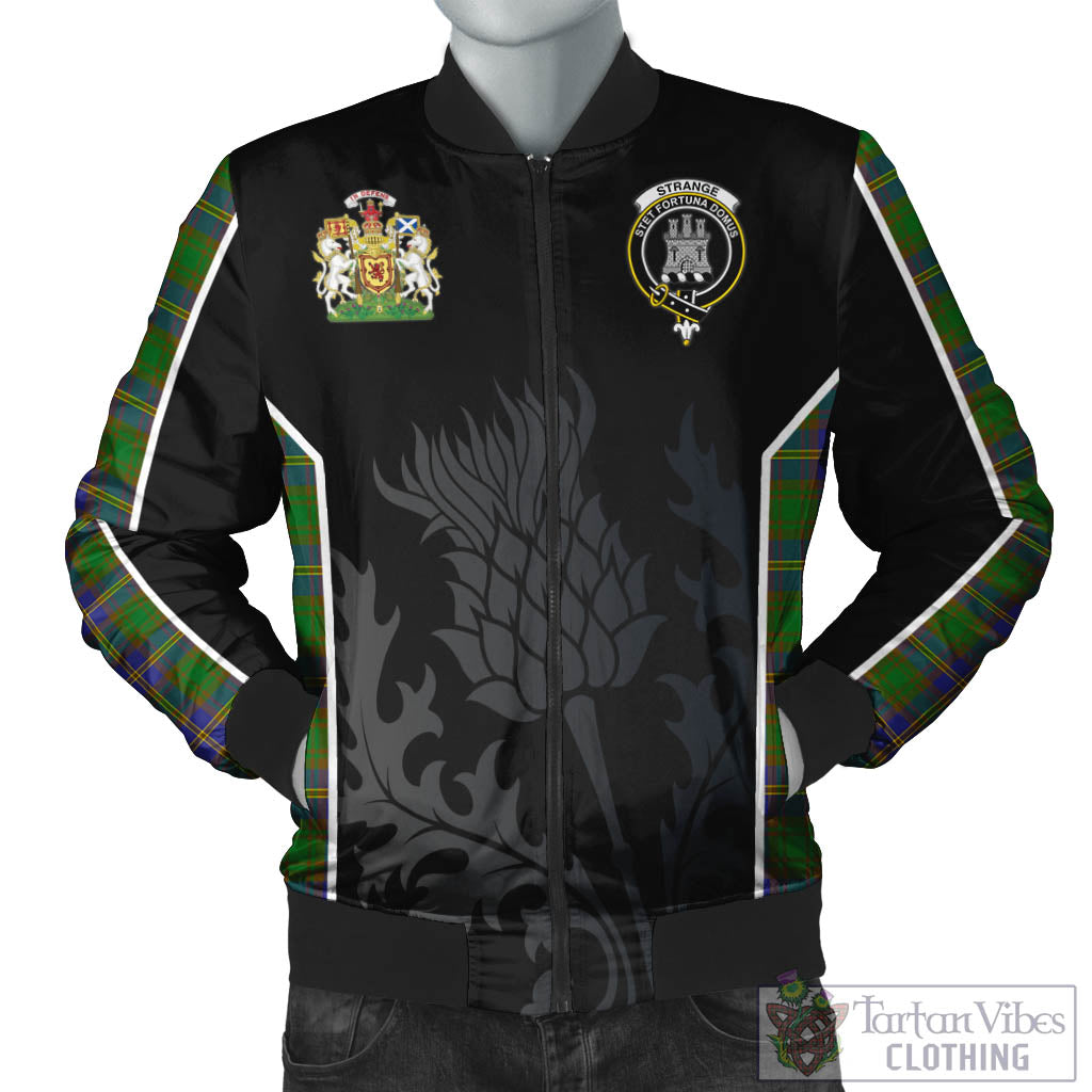 Tartan Vibes Clothing Strange of Balkaskie Tartan Bomber Jacket with Family Crest and Scottish Thistle Vibes Sport Style