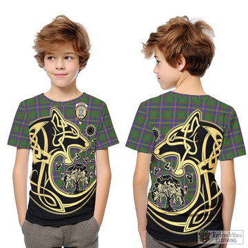 Strange of Balkaskie Tartan Kid T-Shirt with Family Crest Celtic Wolf Style