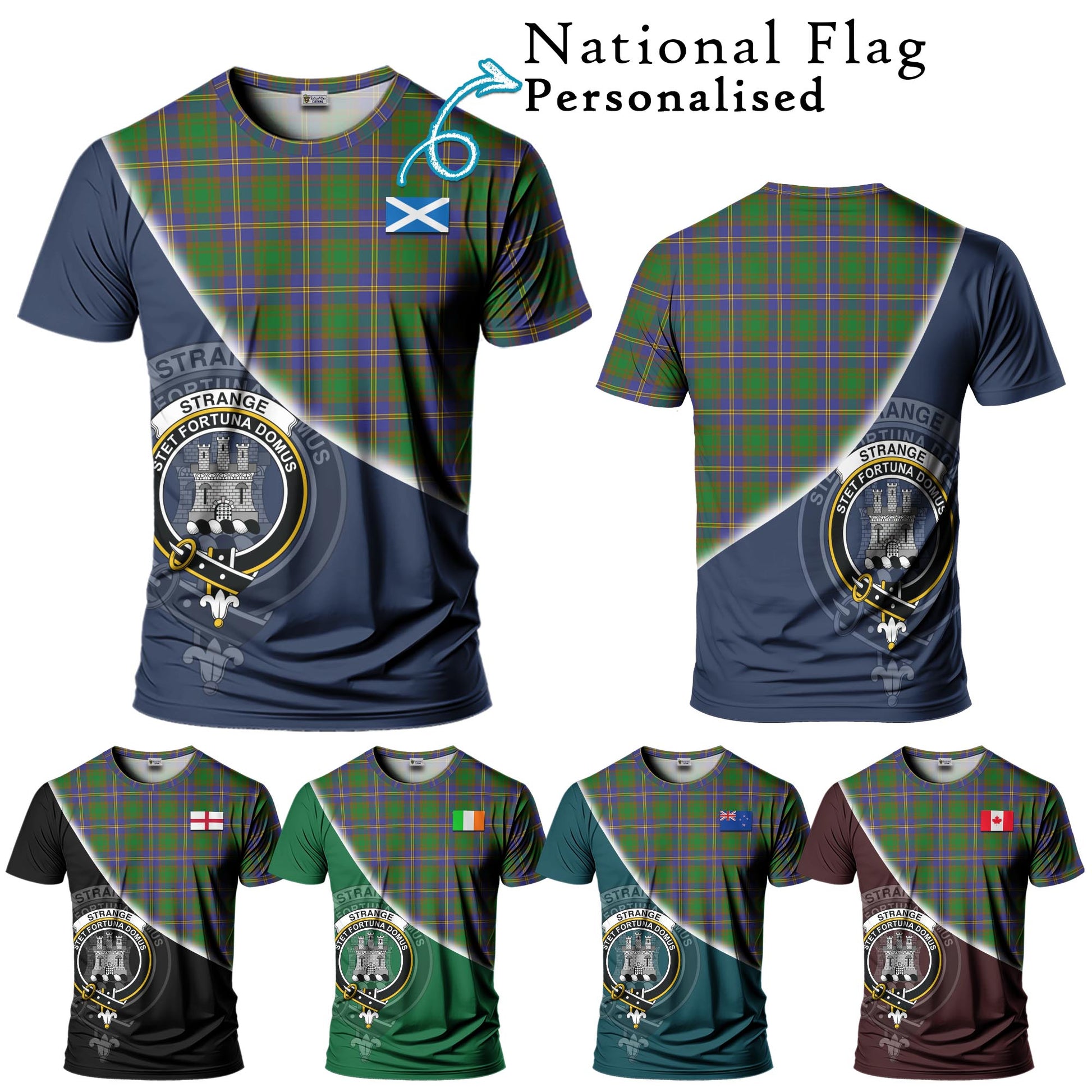 Tartan Vibes Clothing Strange of Balkaskie Tartan T-Shirt with Personalised National Flag and Family Crest Half Style