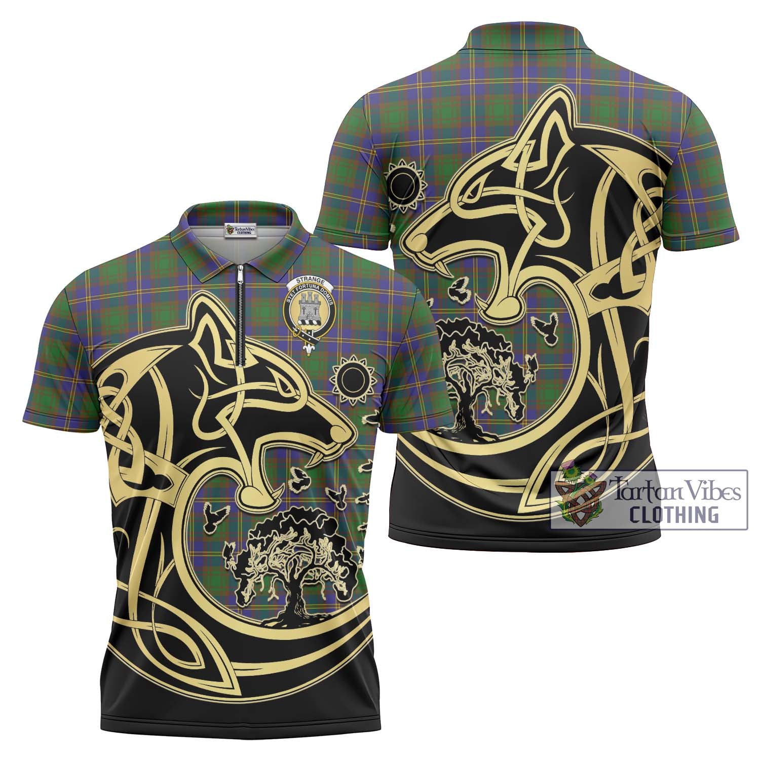 Tartan Vibes Clothing Strange of Balkaskie Tartan Zipper Polo Shirt with Family Crest Celtic Wolf Style