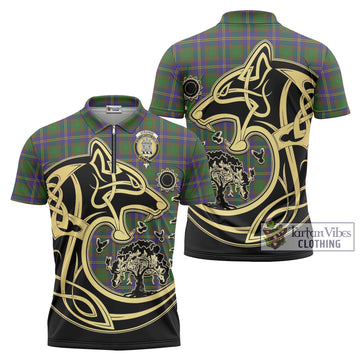 Strange of Balkaskie Tartan Zipper Polo Shirt with Family Crest Celtic Wolf Style