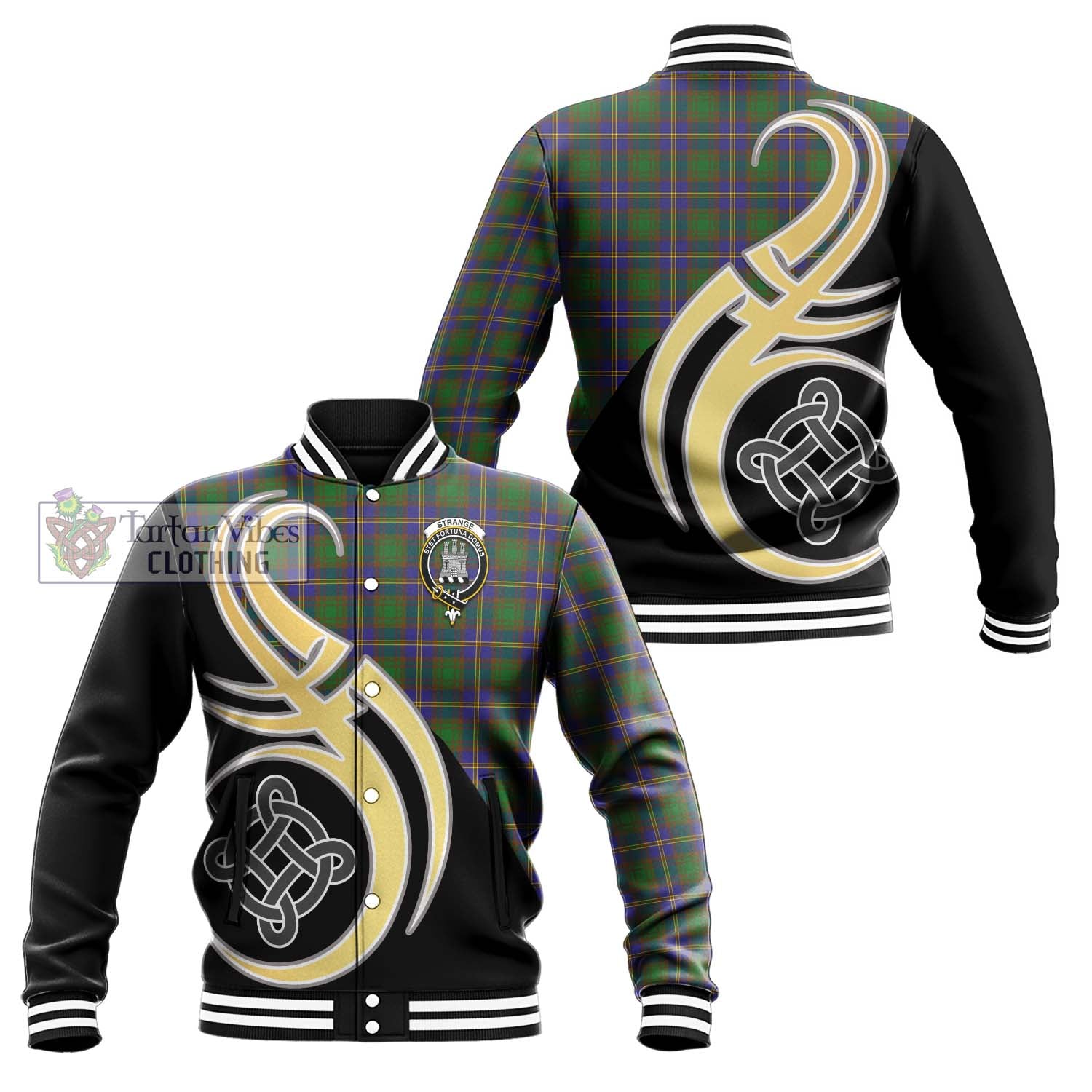 Tartan Vibes Clothing Strange of Balkaskie Tartan Baseball Jacket with Family Crest and Celtic Symbol Style