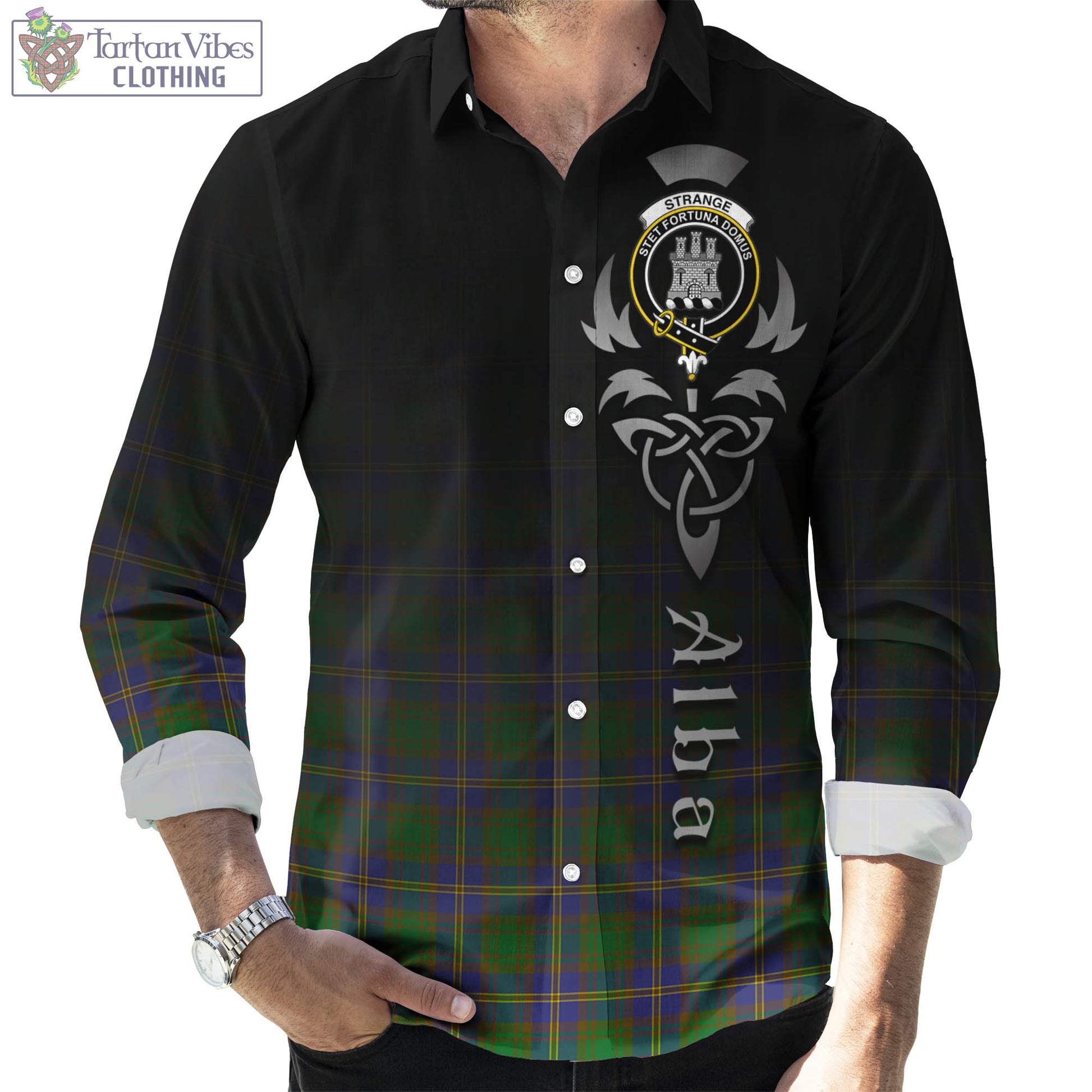 Tartan Vibes Clothing Strange of Balkaskie Tartan Long Sleeve Button Up Featuring Alba Gu Brath Family Crest Celtic Inspired