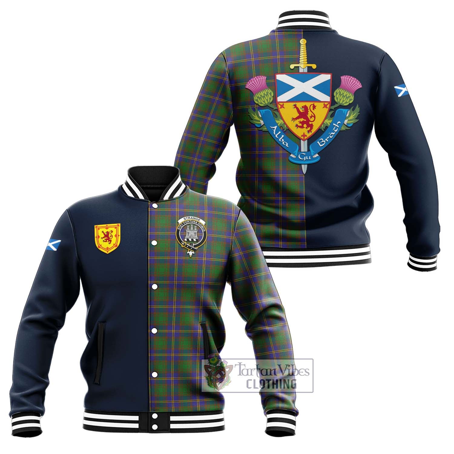 Tartan Vibes Clothing Strange of Balkaskie Tartan Baseball Jacket with Scottish Lion Royal Arm Half Style