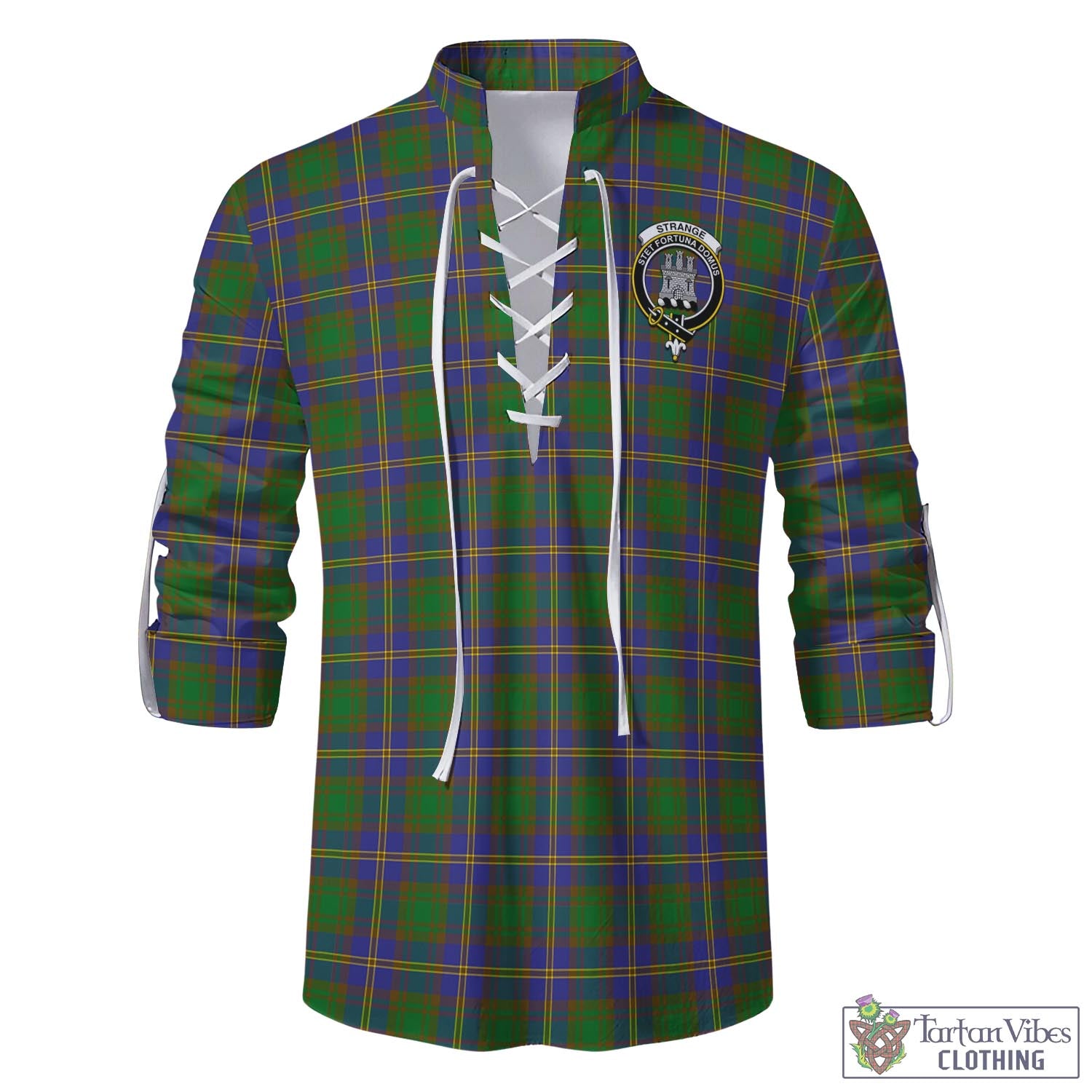 Tartan Vibes Clothing Strange of Balkaskie Tartan Men's Scottish Traditional Jacobite Ghillie Kilt Shirt with Family Crest