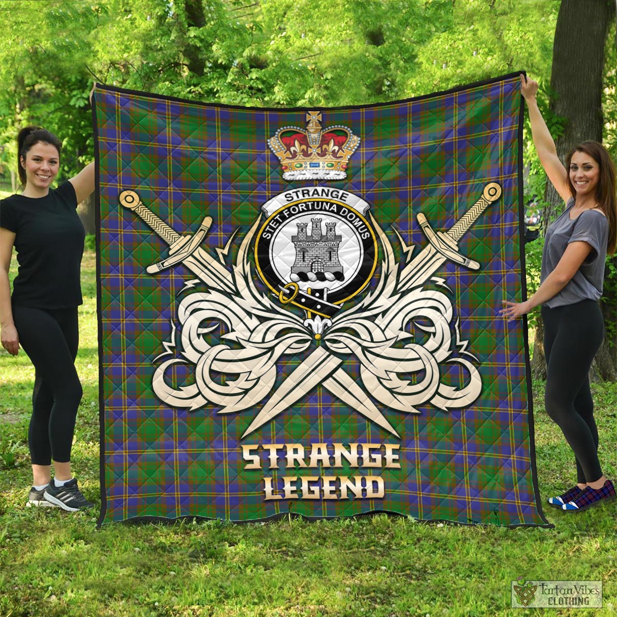 Tartan Vibes Clothing Strange of Balkaskie Tartan Quilt with Clan Crest and the Golden Sword of Courageous Legacy