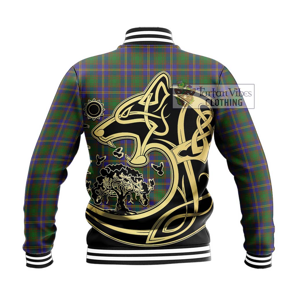 Tartan Vibes Clothing Strange of Balkaskie Tartan Baseball Jacket with Family Crest Celtic Wolf Style