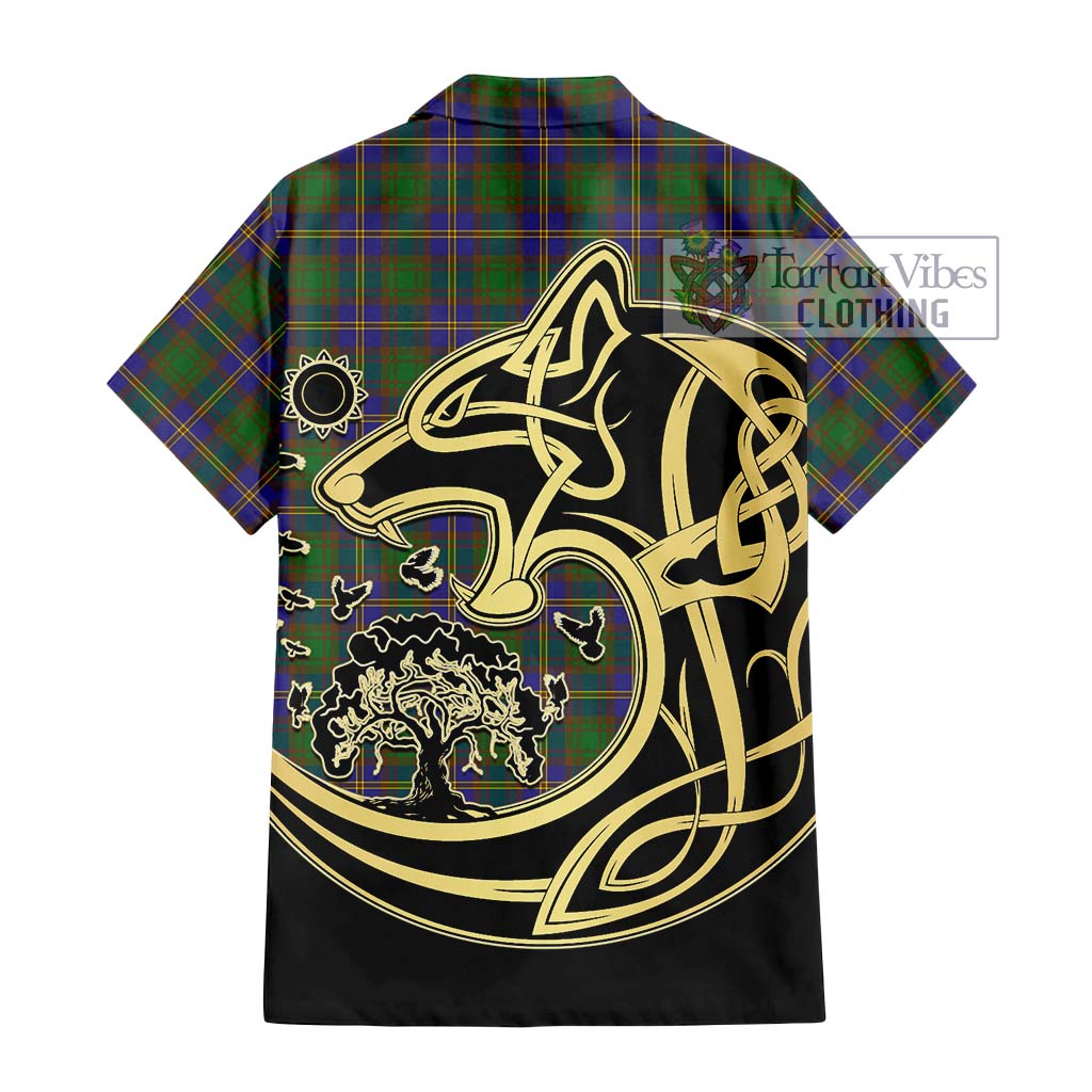 Tartan Vibes Clothing Strange of Balkaskie Tartan Short Sleeve Button Shirt with Family Crest Celtic Wolf Style