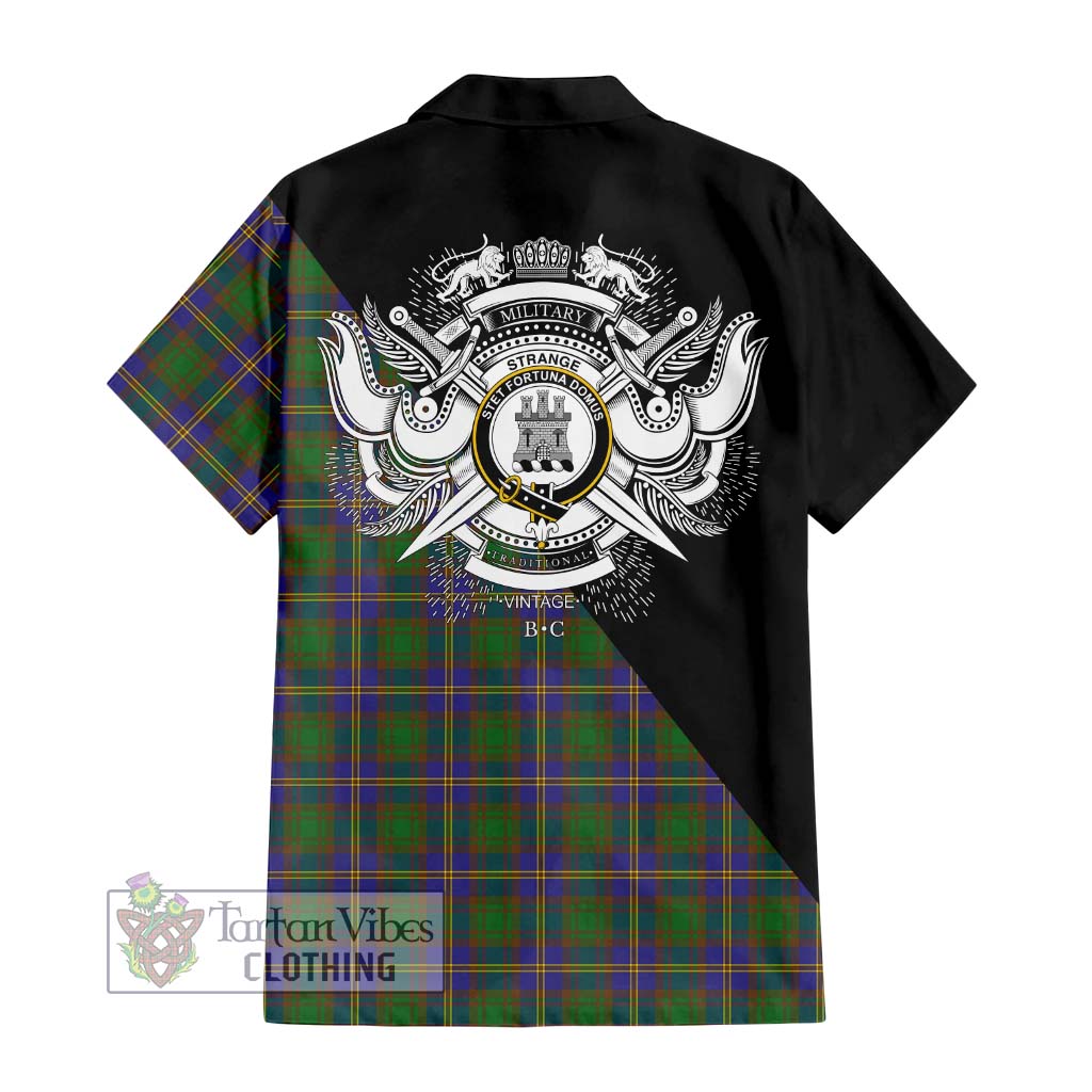 Tartan Vibes Clothing Strange of Balkaskie Tartan Short Sleeve Button Shirt with Family Crest and Military Logo Style