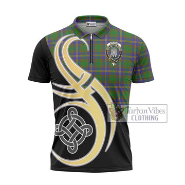 Strange of Balkaskie Tartan Zipper Polo Shirt with Family Crest and Celtic Symbol Style