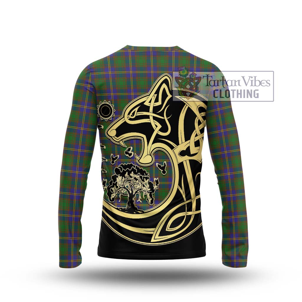 Tartan Vibes Clothing Strange of Balkaskie Tartan Long Sleeve T-Shirt with Family Crest Celtic Wolf Style