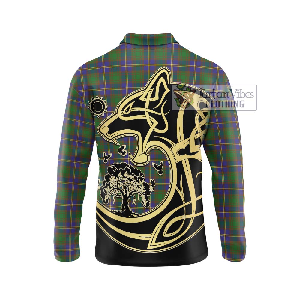 Tartan Vibes Clothing Strange of Balkaskie Tartan Long Sleeve Polo Shirt with Family Crest Celtic Wolf Style