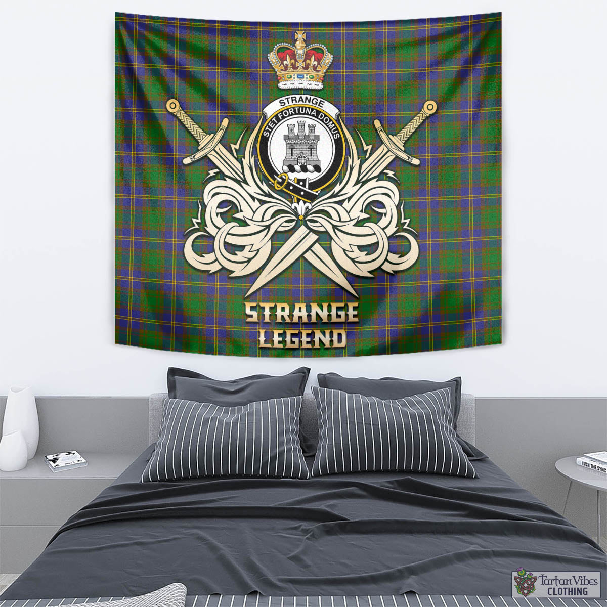 Tartan Vibes Clothing Strange of Balkaskie Tartan Tapestry with Clan Crest and the Golden Sword of Courageous Legacy