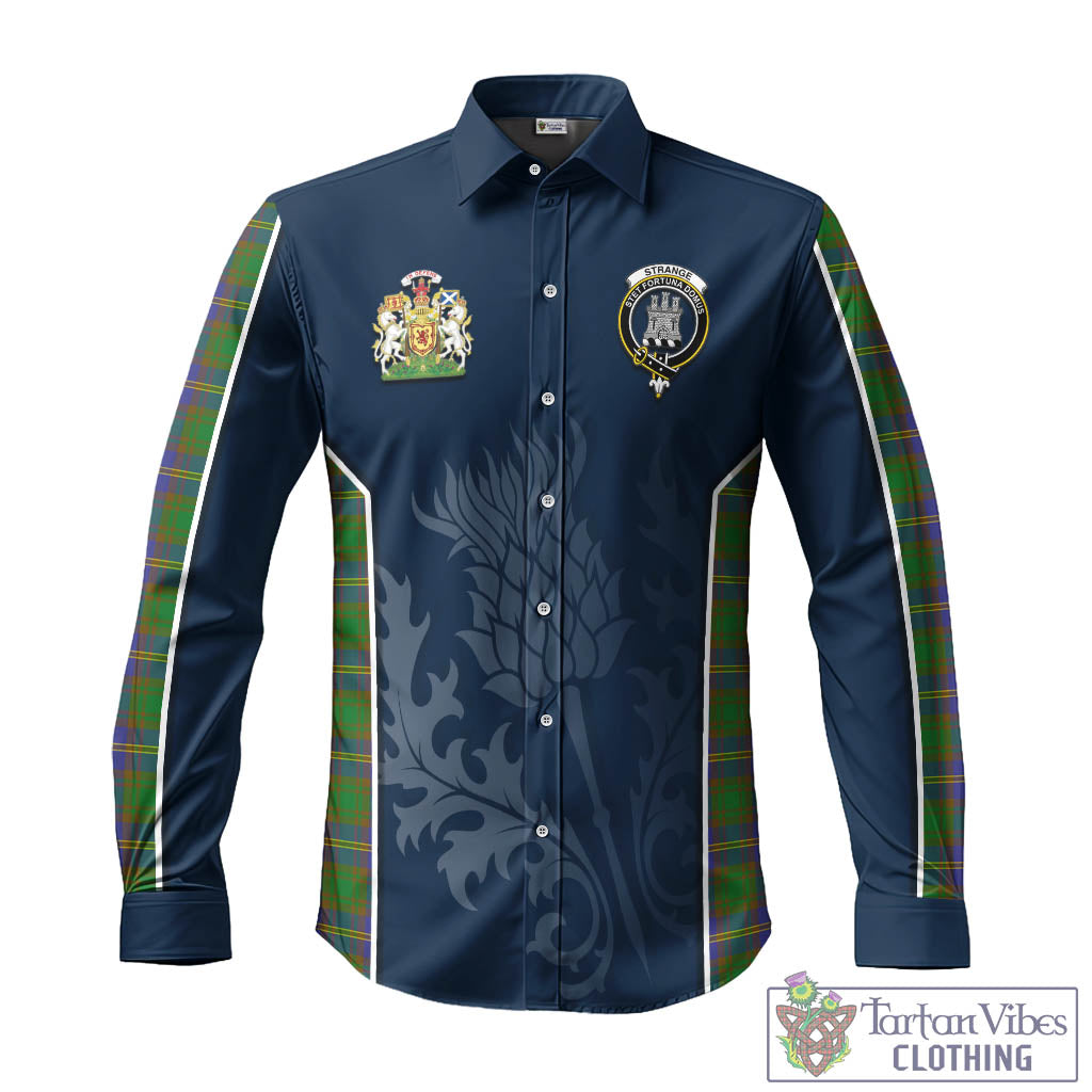 Tartan Vibes Clothing Strange of Balkaskie Tartan Long Sleeve Button Up Shirt with Family Crest and Scottish Thistle Vibes Sport Style