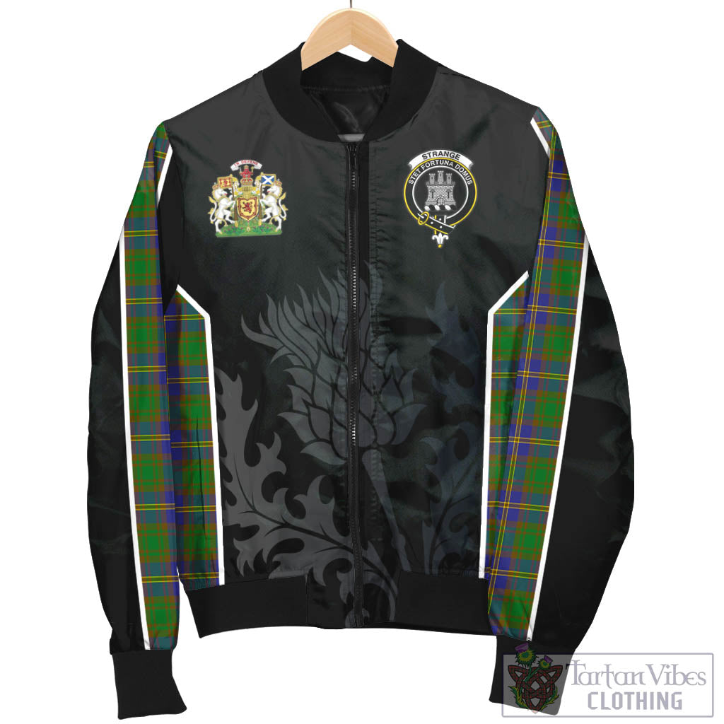 Tartan Vibes Clothing Strange of Balkaskie Tartan Bomber Jacket with Family Crest and Scottish Thistle Vibes Sport Style