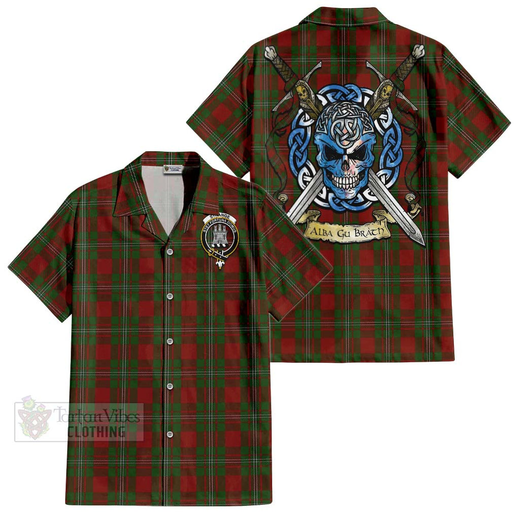 Tartan Vibes Clothing Strange (Strang) Tartan Short Sleeve Button Shirt with Family Crest Celtic Skull Style