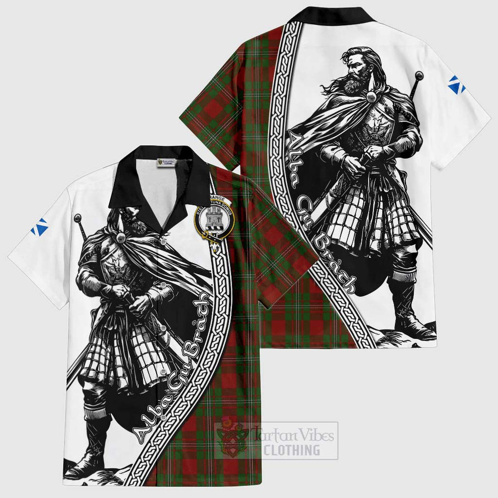 Tartan Vibes Clothing Strange (Strang) Tartan Clan Crest Short Sleeve Button Shirt with Highlander Warrior Celtic Style