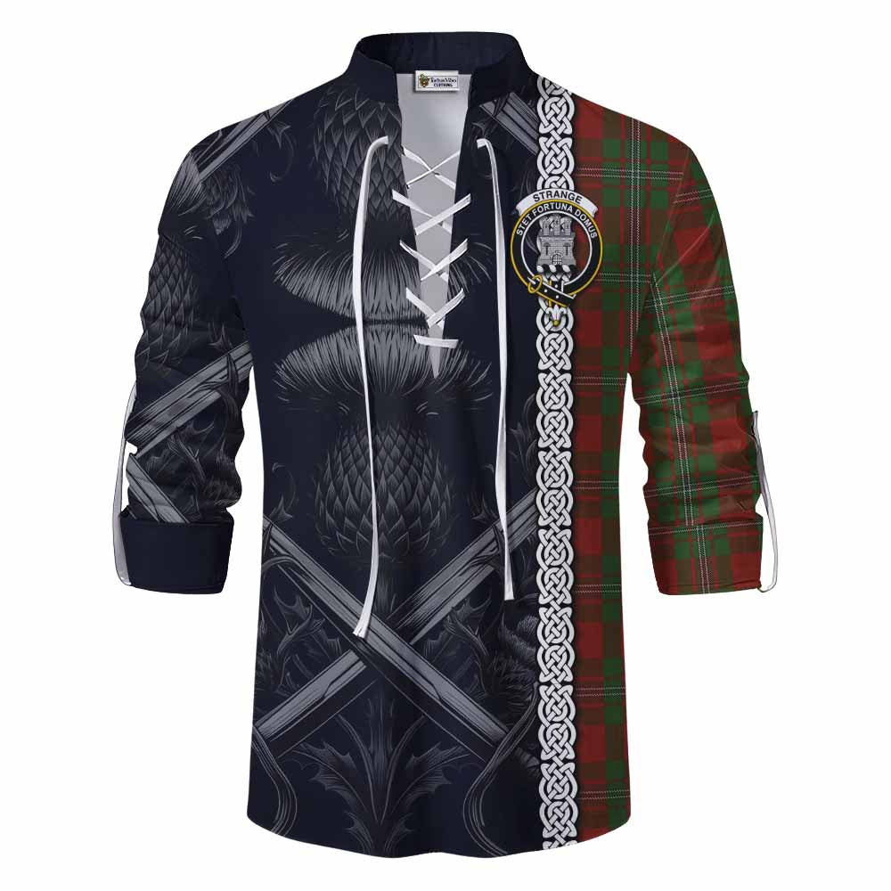 Tartan Vibes Clothing Strange (Strang) Tartan Ghillie Kilt Shirt with Family Crest Cross Sword Thistle Celtic Vibes