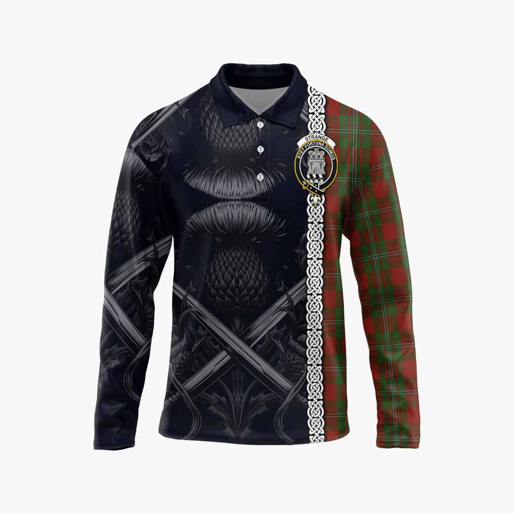 Tartan Vibes Clothing Strange (Strang) Tartan Long Sleeve Polo Shirt with Family Crest Cross Sword Thistle Celtic Vibes