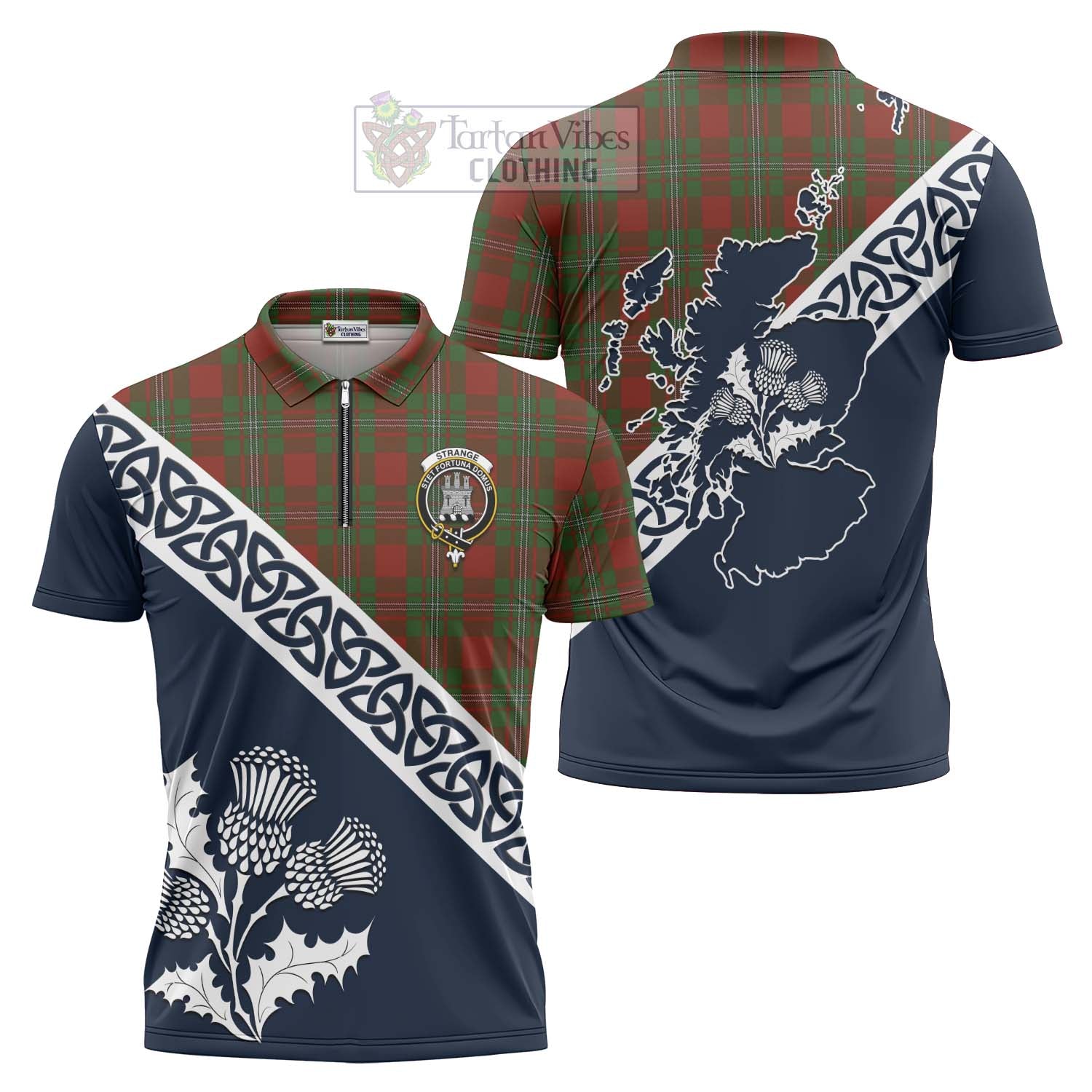 Tartan Vibes Clothing Strange (Strang) Tartan Zipper Polo Shirt Featuring Thistle and Scotland Map