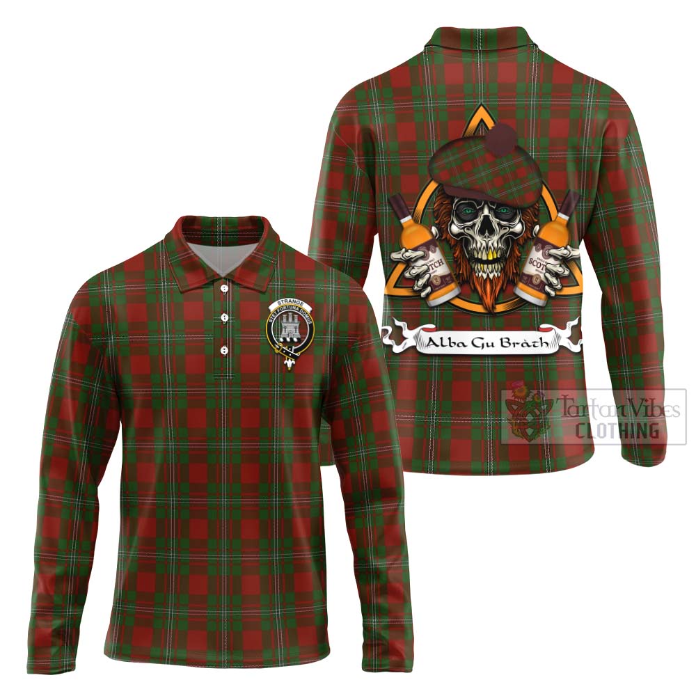 Tartan Vibes Clothing Strange (Strang) Tartan Long Sleeve Polo Shirt with Family Crest and Bearded Skull Holding Bottles of Whiskey