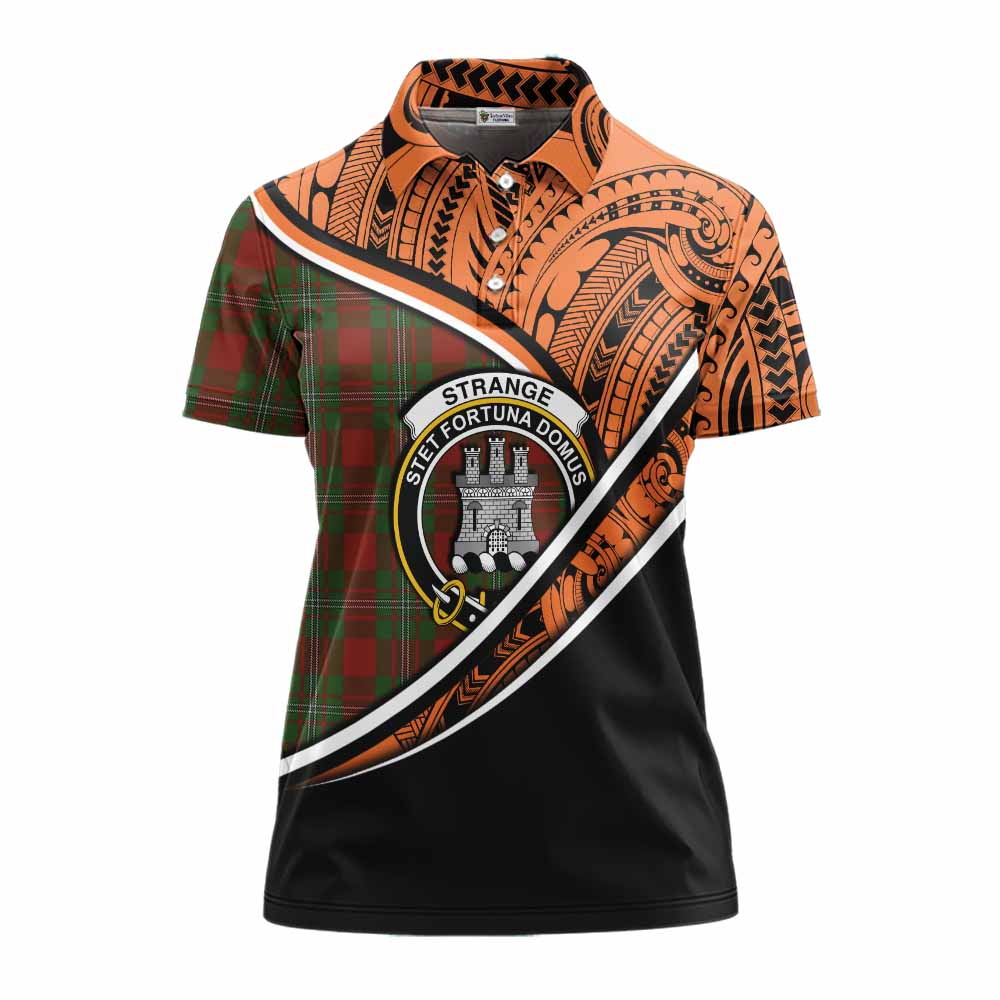 Tartan Vibes Clothing Strange (Strang) Crest Tartan Women's Polo Shirt with Maori Tattoo Style - Orange Version