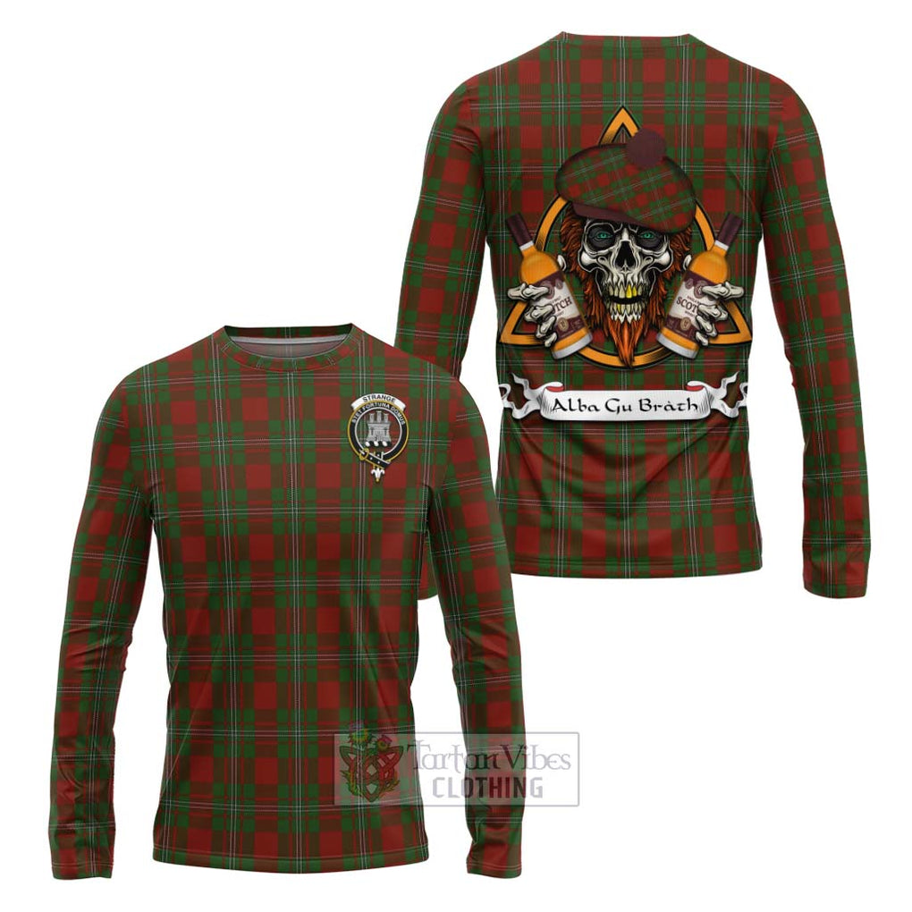 Tartan Vibes Clothing Strange (Strang) Tartan Long Sleeve T-Shirt with Family Crest and Bearded Skull Holding Bottles of Whiskey