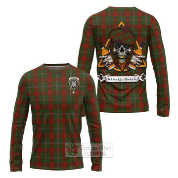 Strange (Strang) Tartan Long Sleeve T-Shirt with Family Crest and Bearded Skull Holding Bottles of Whiskey