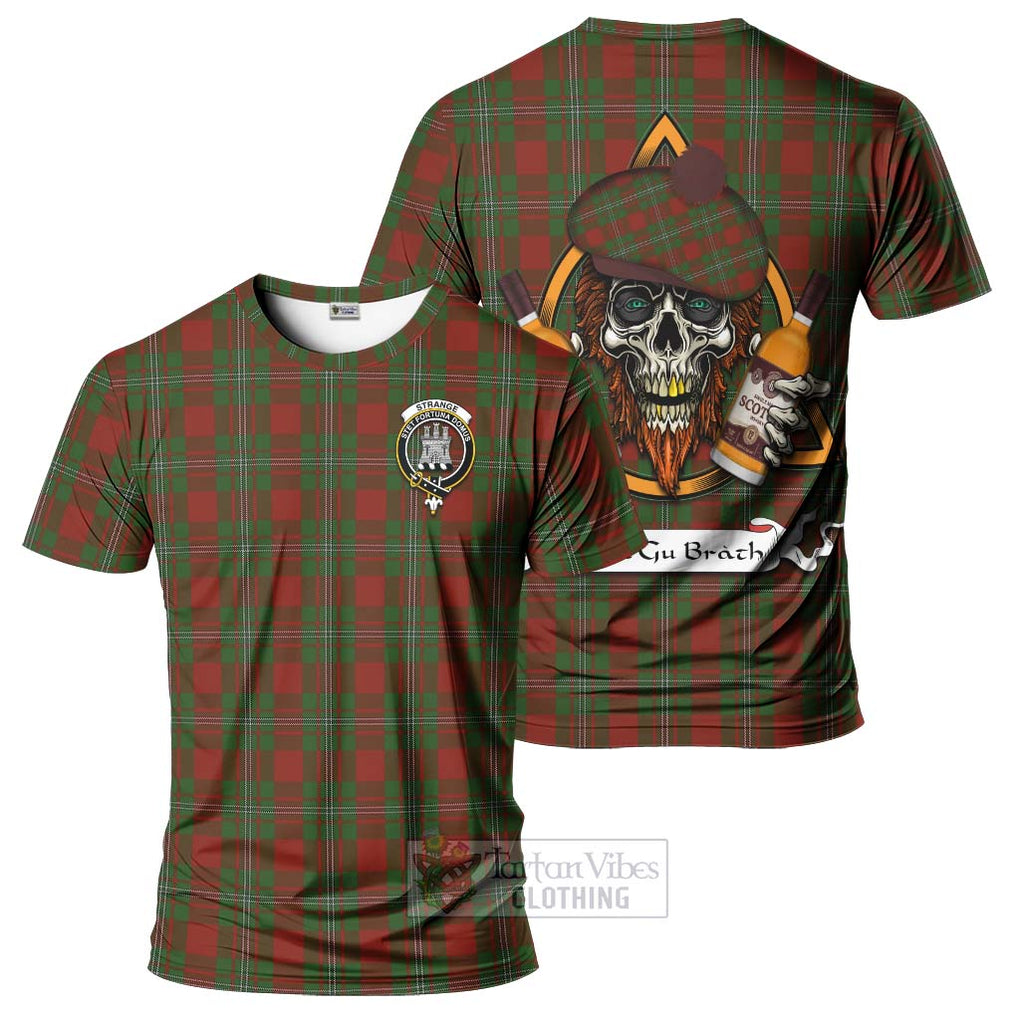 Tartan Vibes Clothing Strange (Strang) Tartan T-Shirt with Family Crest and Bearded Skull Holding Bottles of Whiskey