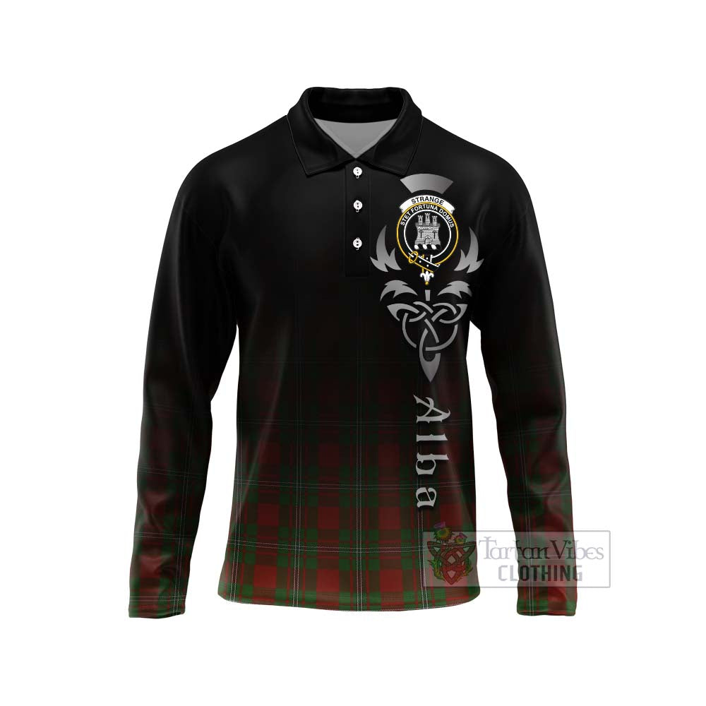 Tartan Vibes Clothing Strange (Strang) Tartan Long Sleeve Polo Shirt Featuring Alba Gu Brath Family Crest Celtic Inspired